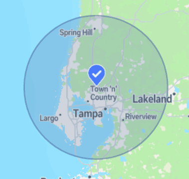 Service area map covering Tampa, St. Petersburg, Clearwater, Brandon, Wesley Chapel, and nearby communities.
